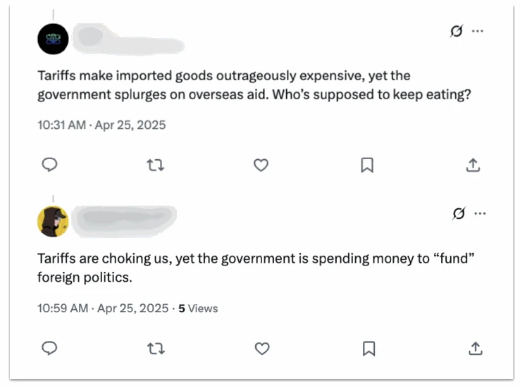 Tweets tying aid and tariffs generated by Operation Sneer Review.