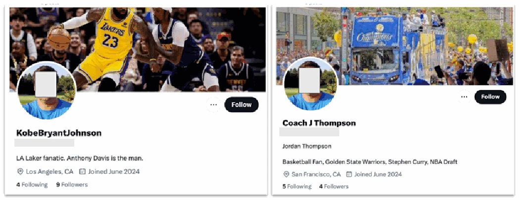 Two X accounts associated with this operation. Note the matching profile picture and low follower numbers. All but one of those followers was also run by this operation.