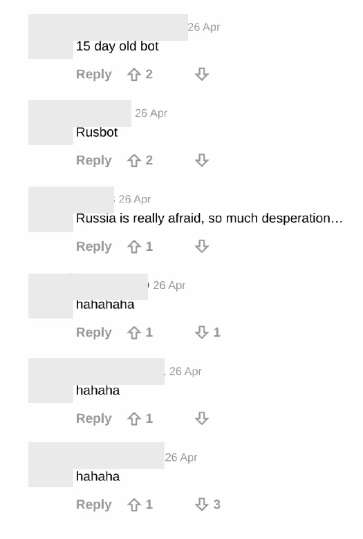 Comments on the video illustrated above. The bottom three accounts (earliest commenters) were all created in late April 2024, and repeatedly posted, upvoted or commented on this campaign’s posts and no others. The top three accounts, calling out the fakes, were created between one and ten years ago and showed a wide range of activity.