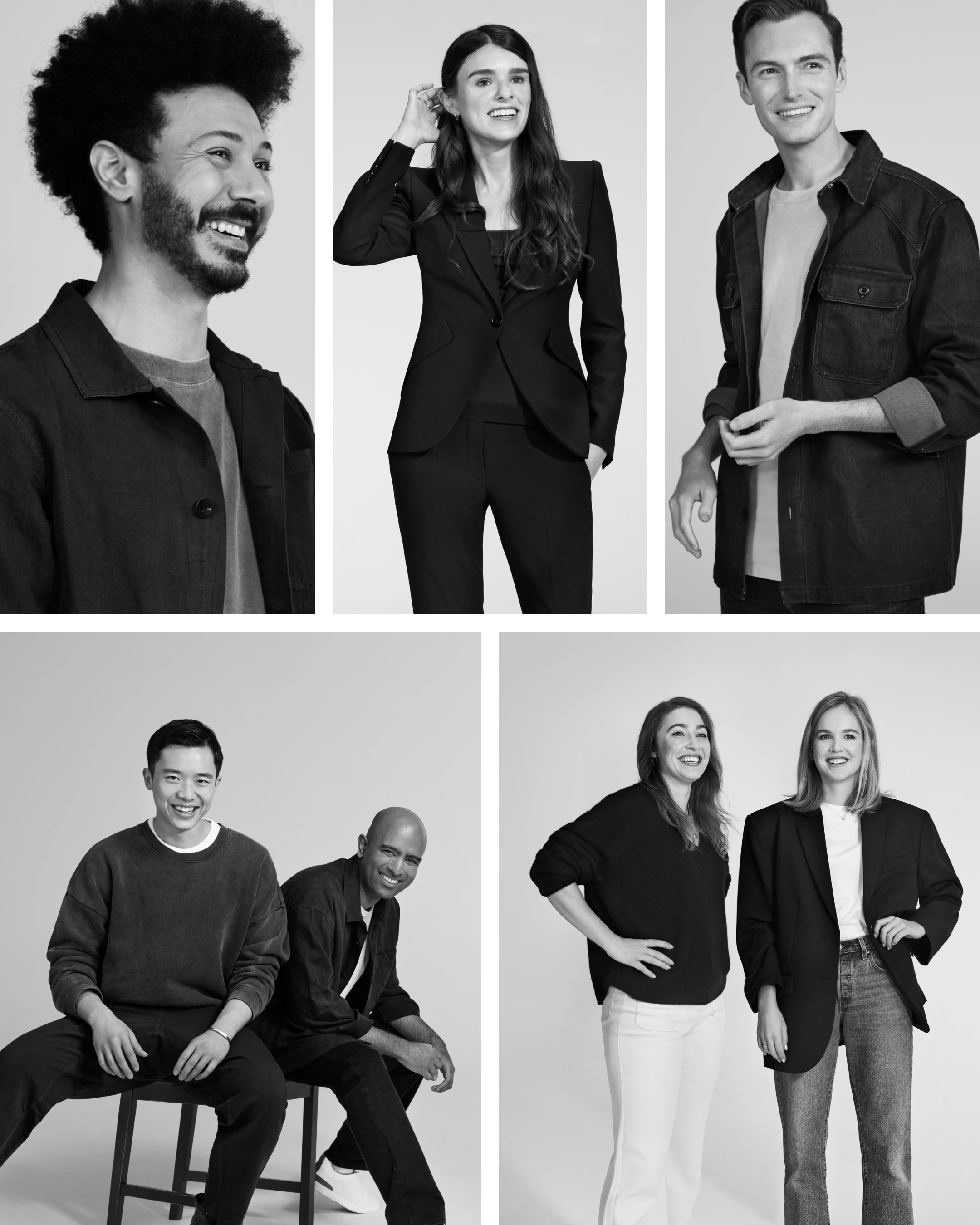 Black-and-white collage of founders in OpenAI’s Frontier Builders Campaign. Top row: Kareem Amin, Founder and CEO of Clay, smiling in profile; Christina Cacioppo, Founder and CEO of Vanta, smiling with her hand raised near her ear; and Connor Heggie, Founder and CTO of Unify, standing confidently in a denim jacket. Bottom row: Jesse Zhang and Ashwin Sreenivas, Co-Founders of Decagon, seated side by side and smiling; and Kathleen McMahon and Tess van Stekelenburg, Co-Founders of Valthos, standing together and laughing. The portraits highlight entrepreneurs using OpenAI tools to build companies driving breakthroughs in growth, security, biological defense, and global customer experience.