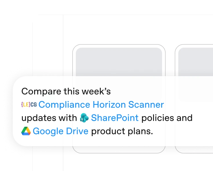 ChatGPT prompt comparing Compliance Horizon Scanner updates with SharePoint policies and Google Drive product plans.