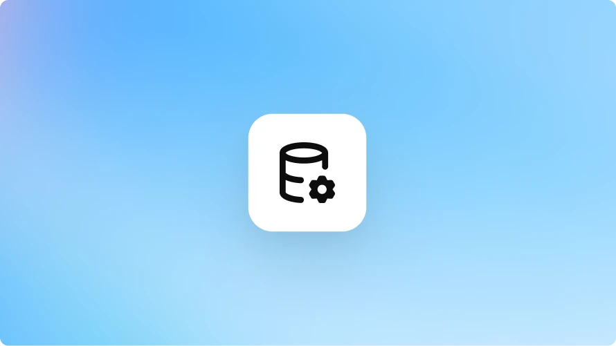 Blue gradient background with a centered white rounded square showing a black database cylinder icon with a small gear.