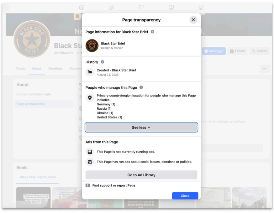 Screenshot of page transparency information for Black Star Brief.