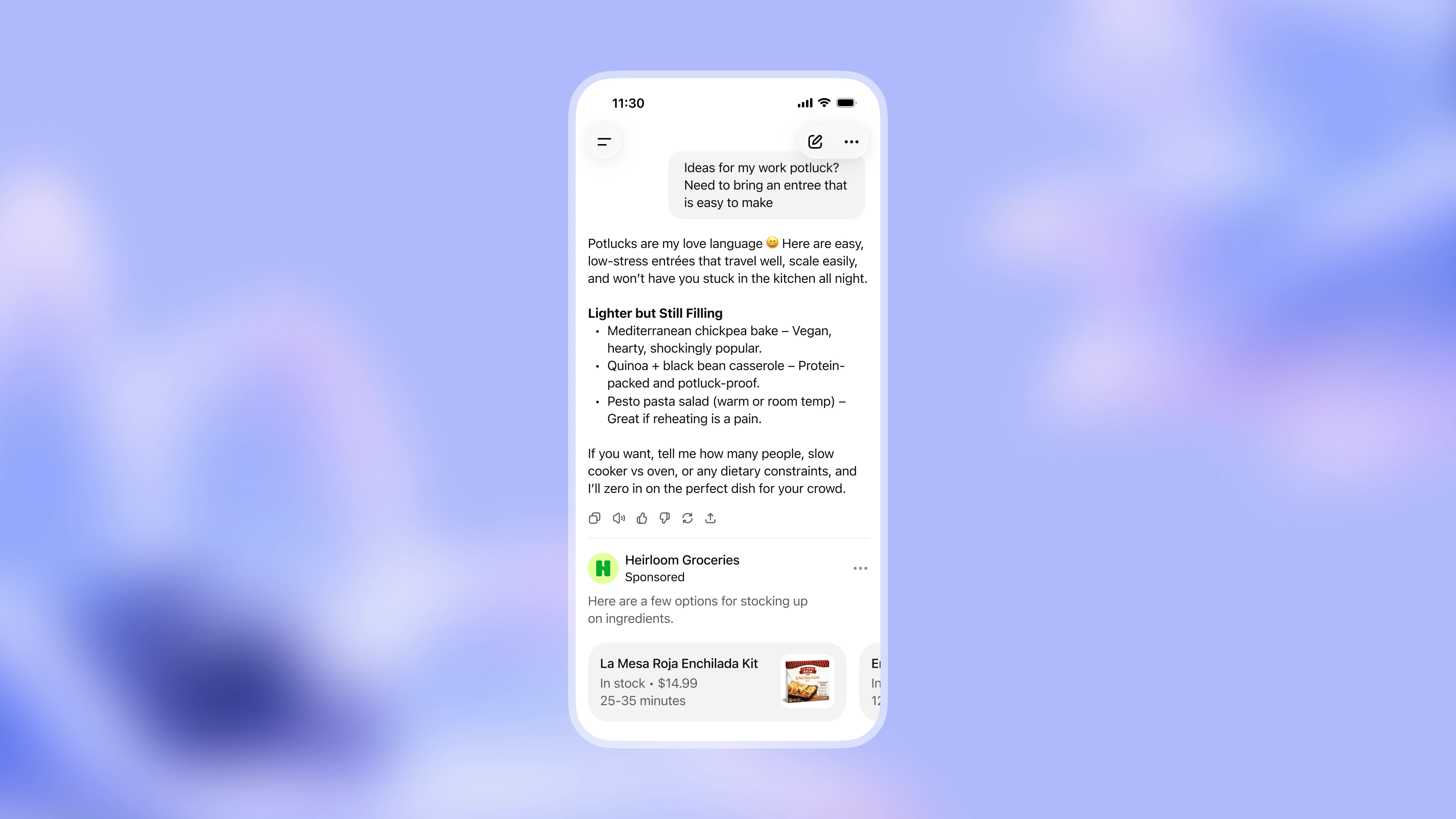 Mobile phone screen showing a ChatGPT response with simple, authentic Mexican dinner party recipes, followed by a clearly labeled sponsored product recommendation from Harvest Groceries for a hot sauce item, displayed against a soft blue gradient background.