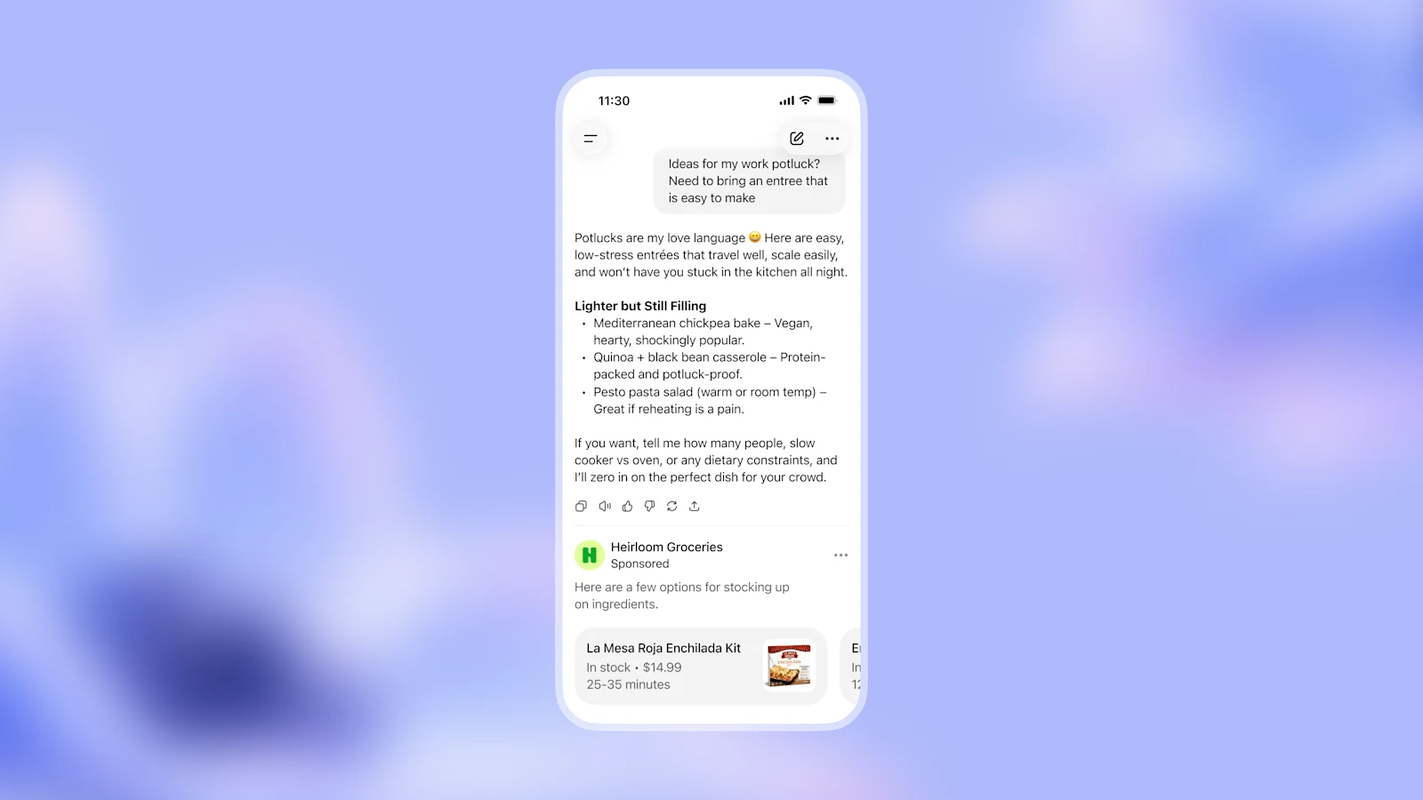 OpenAI earlier mockup showing a sponsored product separated from the organic answer