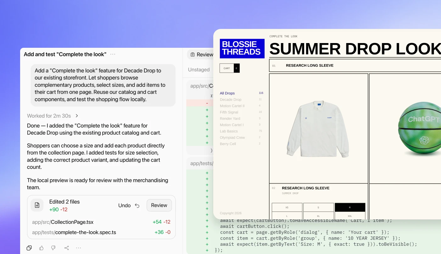 Codex adds and tests a “Complete the look” feature for a retail storefront showing coordinated products.