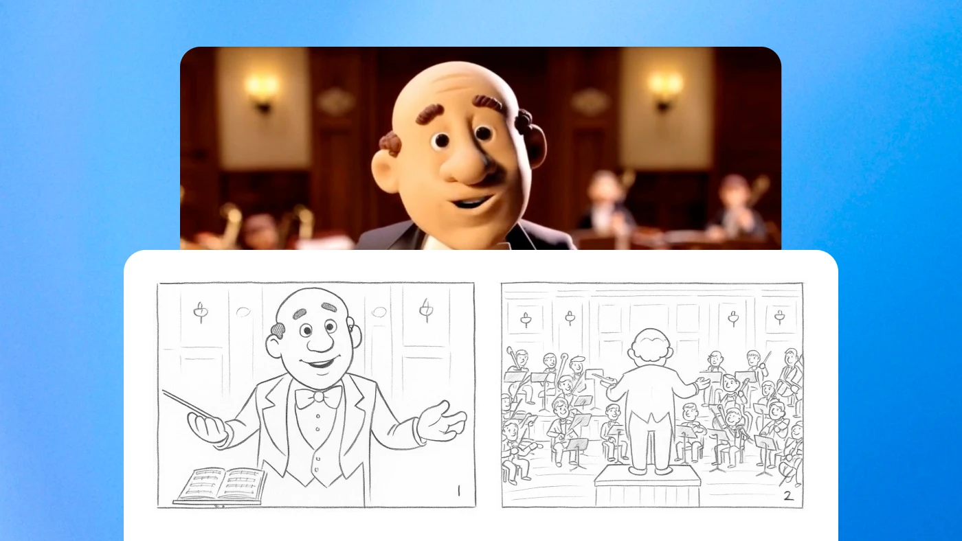 A 3D animated conductor stands before an orchestra, with sketches below showing storyboard drawings of the same scene. The image represents animation or creative production workflows.