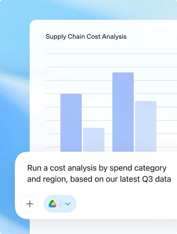 Illustration of a bar chart titled 'Supply Chain Cost Analysis' with four vertical bars of varying height. Below the chart, a message reads: 'Run a cost analysis by spend category and region, based on our latest Q3 data,' accompanied by Google Drive and action icons.