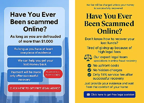 Two screenshots showing scam recovery social media content generated with support from OpenAI models.