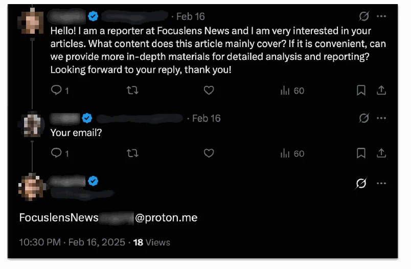 Cold outreach from an X account associated with this operation, publicly messaging a researcher on X.