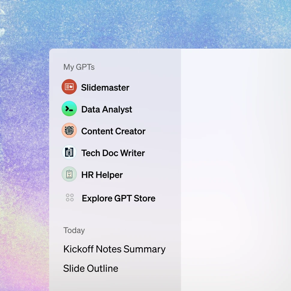 A screenshot showing a menu titled "My GPTs" with options like Slidemaster, Data Analyst, Content Creator, Tech Doc Writer, and HR Helper. There is also an "Explore GPT Store" option and tasks listed, including "Kickoff Notes Summary" and "Slide Outline."