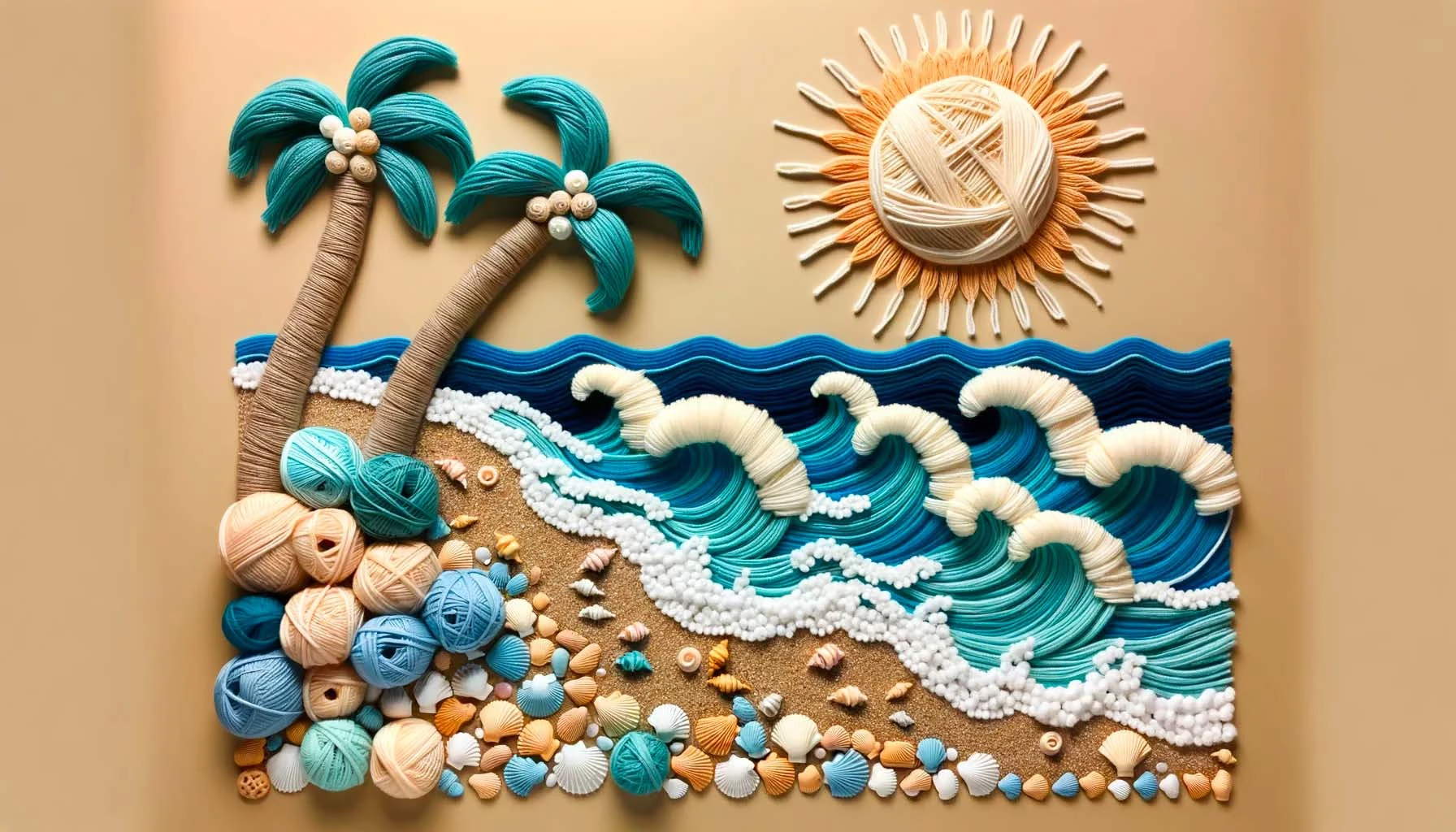 Artistic textile representation of a beach scene with deep blue and turquoise yarn waves, sandy yarn beach, and tan yarn palm trees under a white yarn sun.