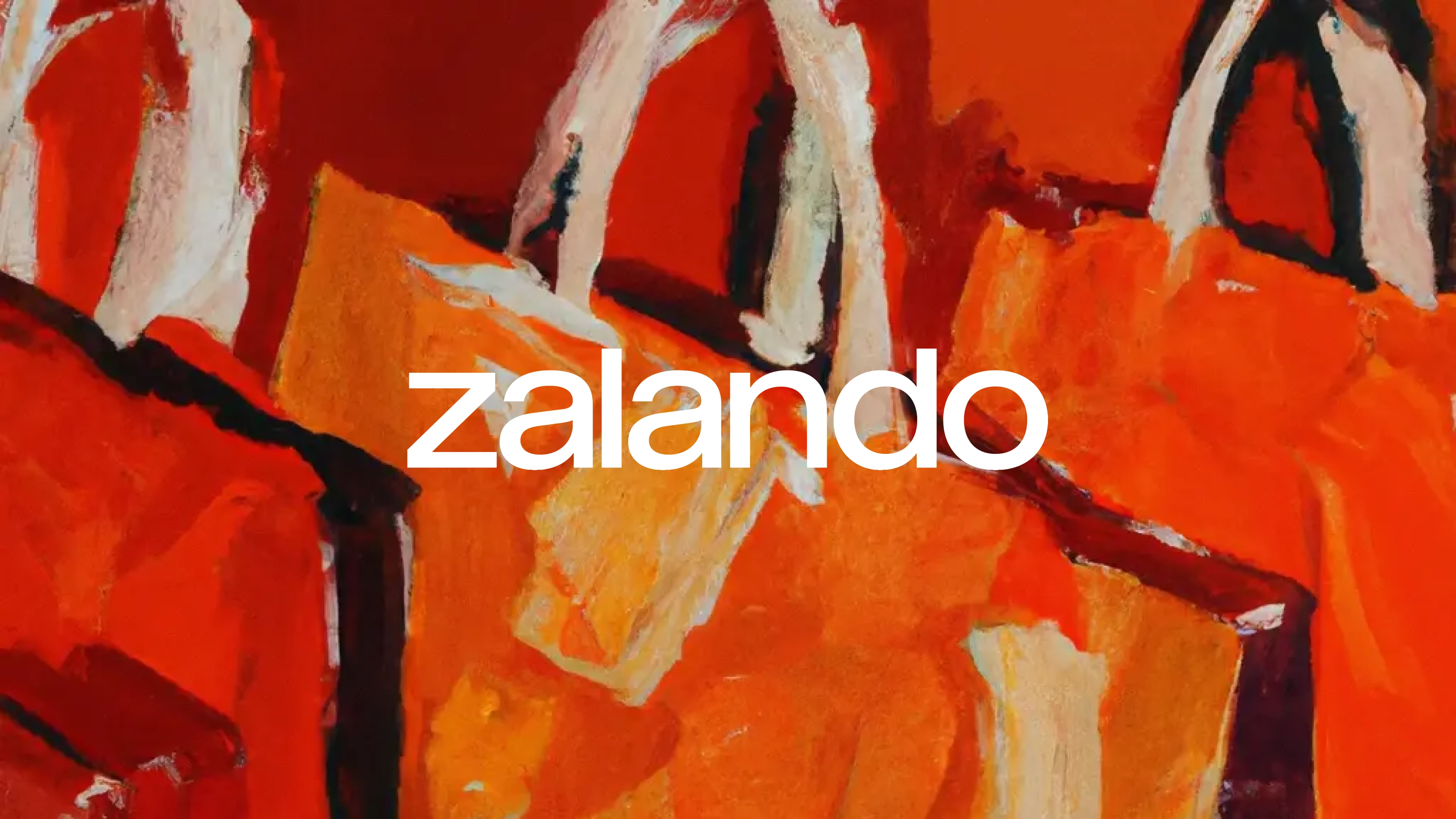 The image displays the "Zalando" logo in clean, white text centered over an abstract background featuring bold orange and red tones with expressive brushstrokes, evoking energy and vibrancy.