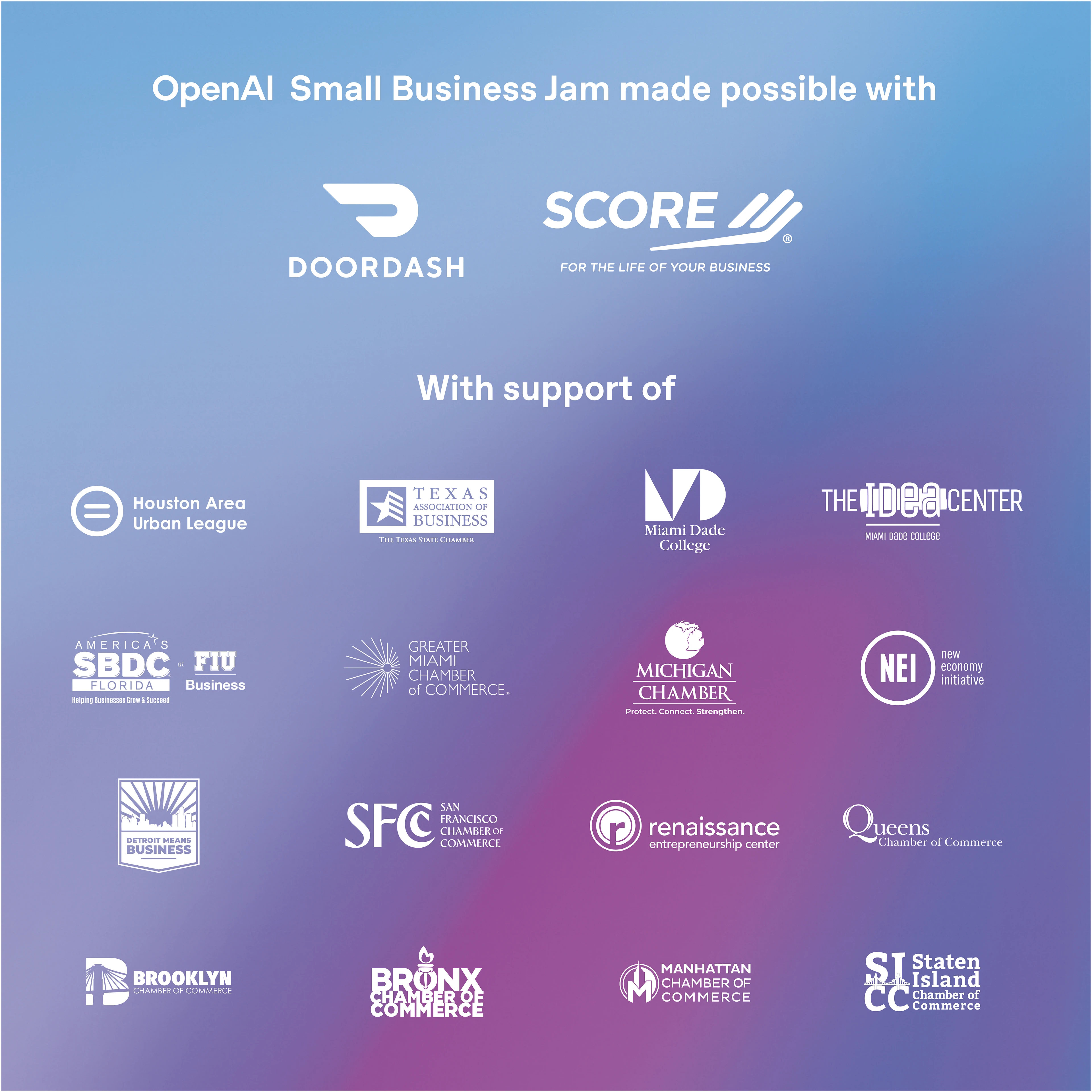Sponsor graphic for the OpenAI Small Business Jam featuring DoorDash, SCORE, and multiple local business-support organizations on a blue–purple gradient background.