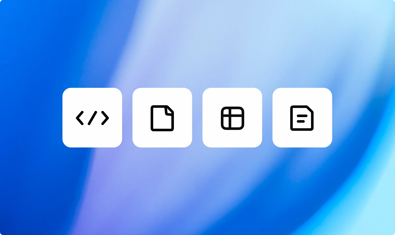 Four square white icons with black outlines sit against a smooth blue gradient background. The icons represent different data types: code brackets, a document, a table grid, and a text page.