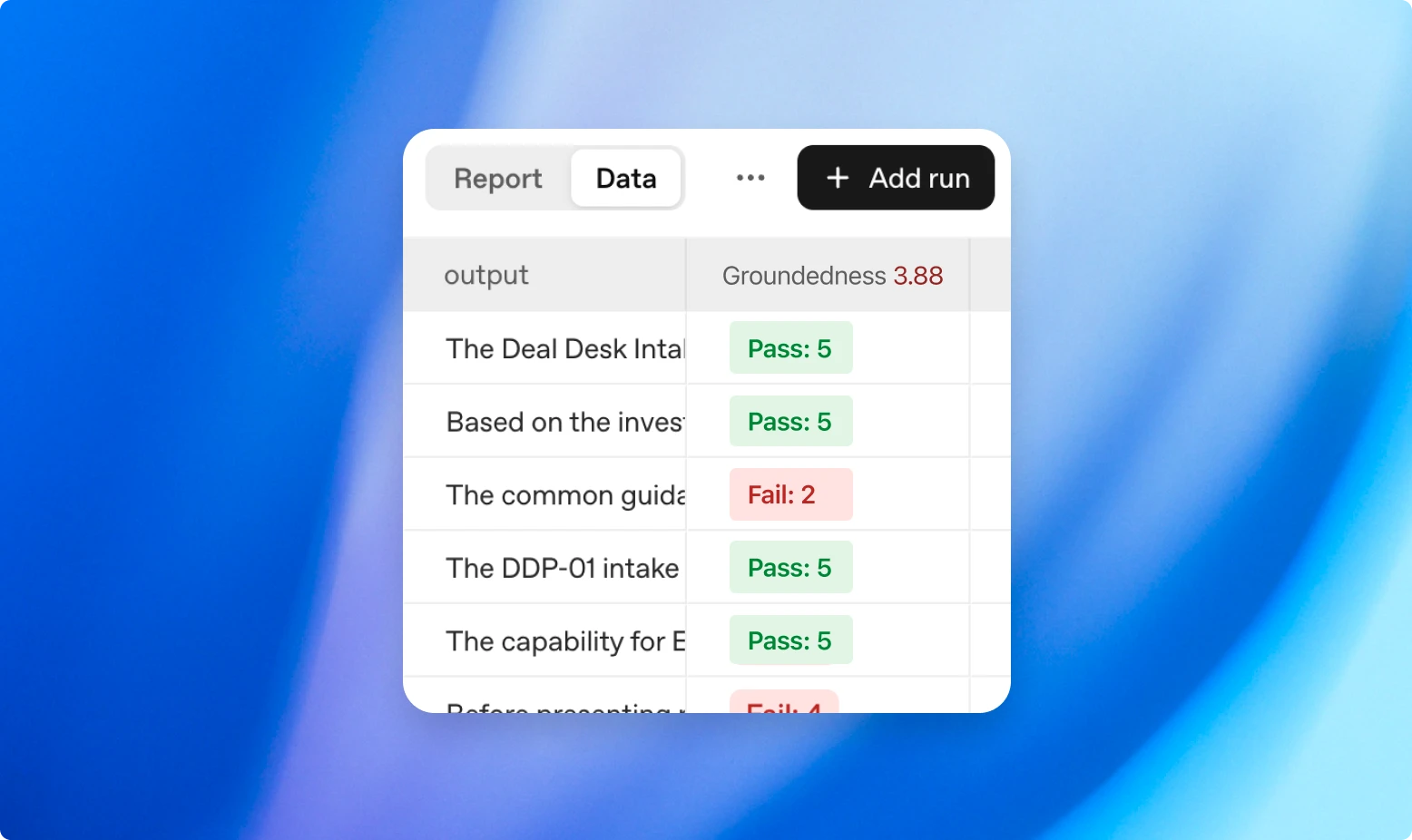 A table-style data interface shows a report view with a “Groundedness” score column displaying green “Pass” and red “Fail” status labels. The background has smooth blue and purple gradients.