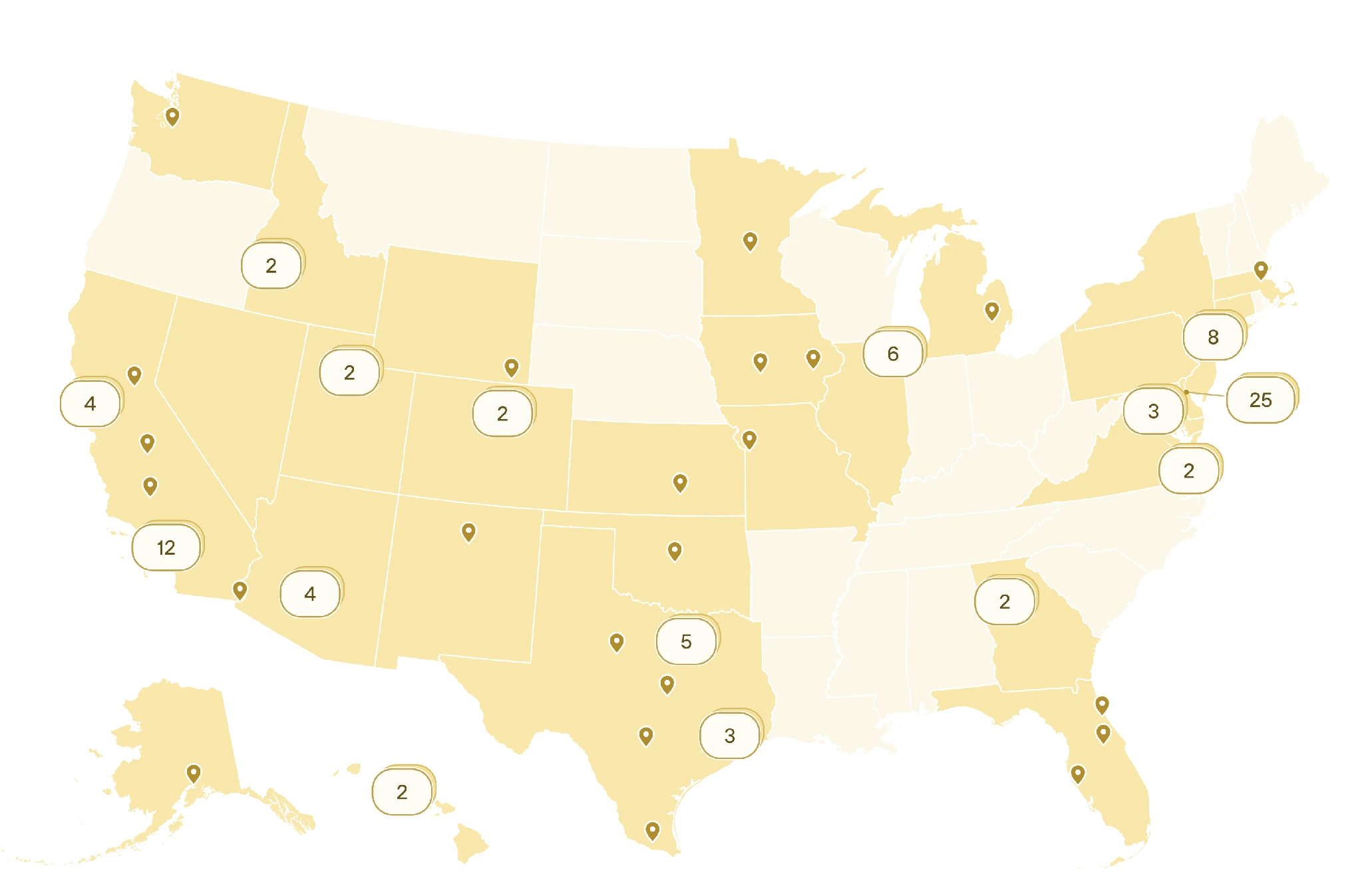 U.S. map with partner organization locations and numbered regional clusters