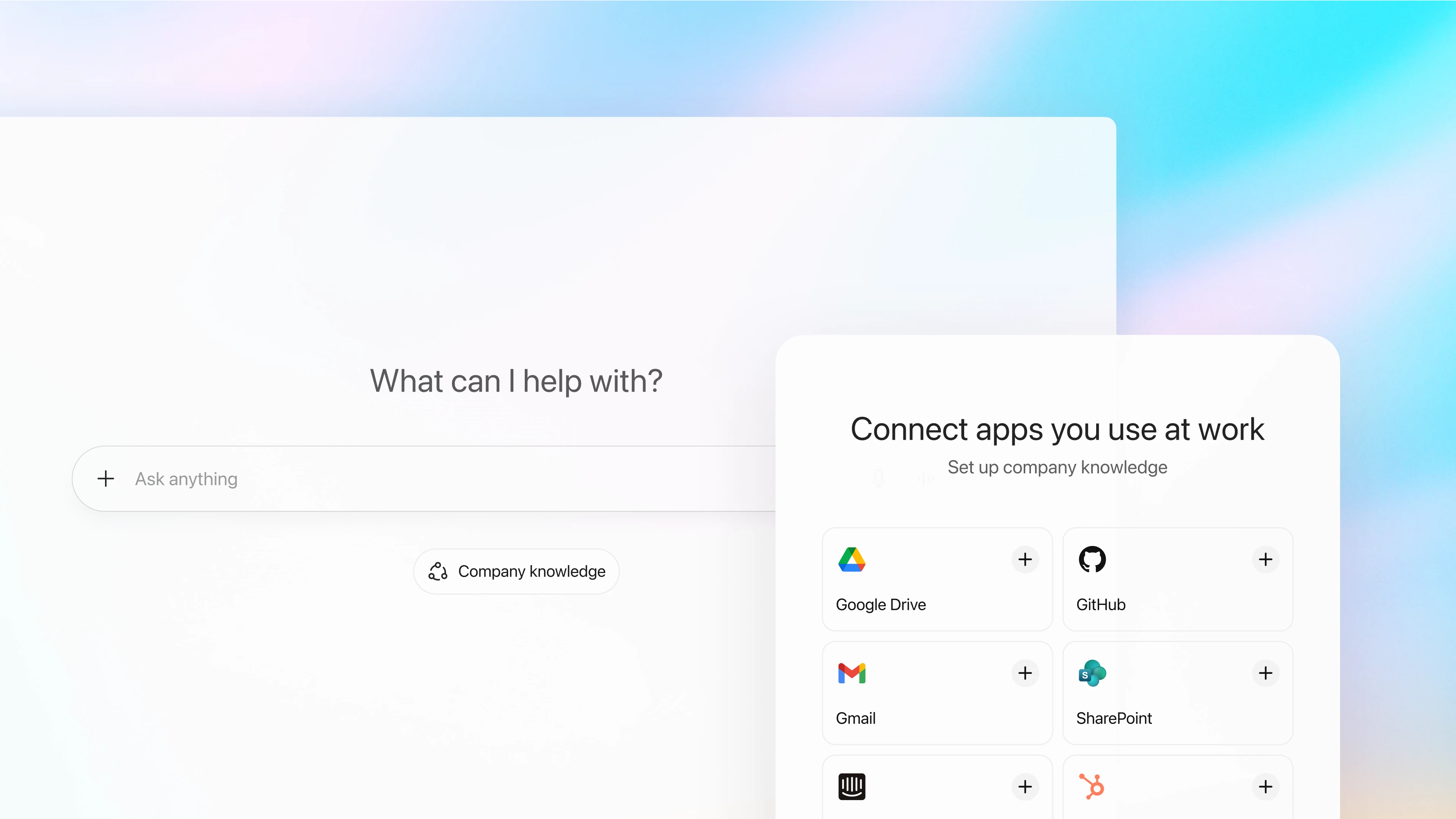ChatGPT interface with a prompt field asking ‘What can I help with?’ and a button labeled ‘Company knowledge.’ On the right, a setup panel titled ‘Connect apps you use at work’ lists integration options including Google Drive, Gmail, GitHub, SharePoint, and HubSpot, each with a plus icon for connecting accounts.