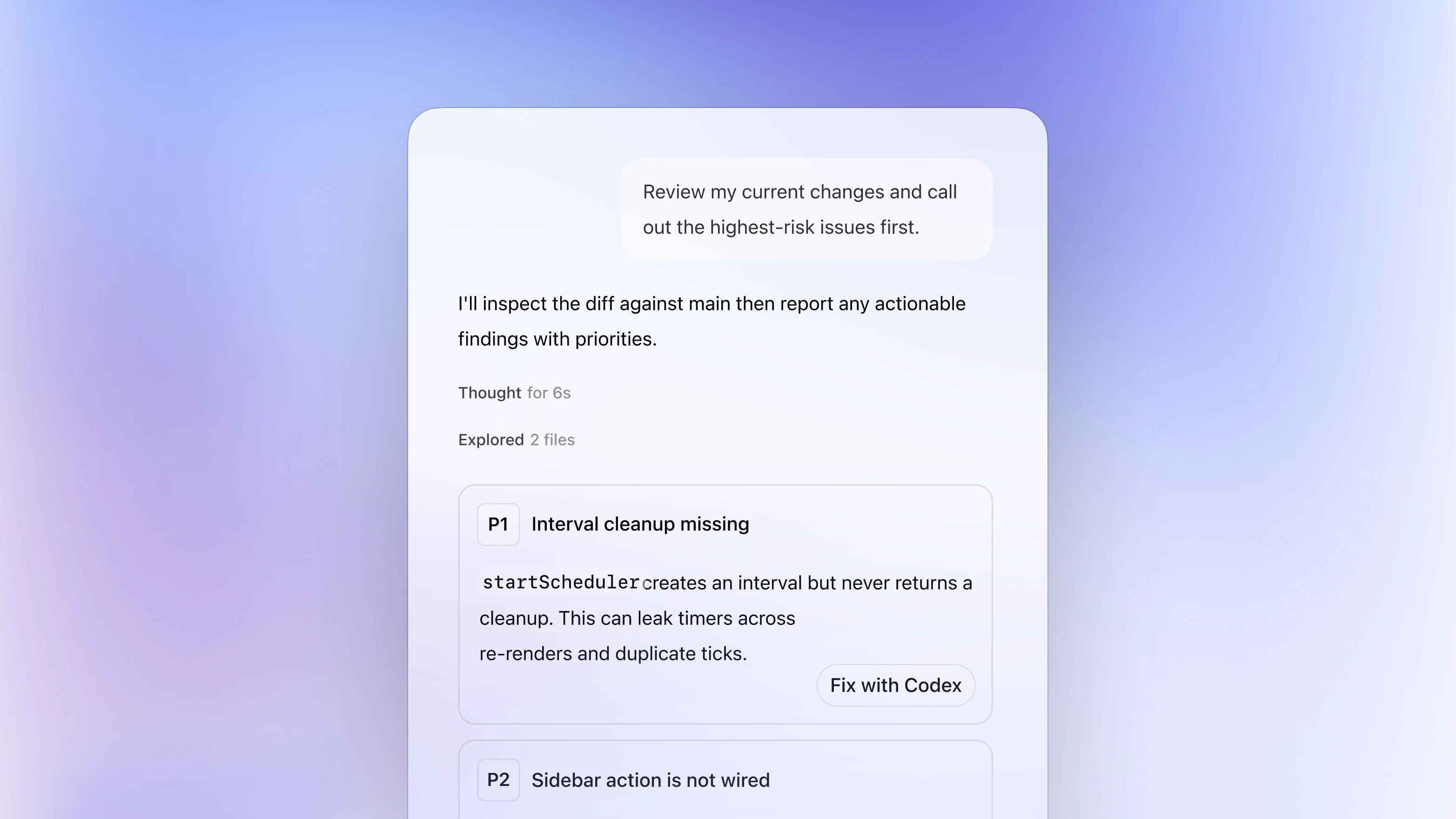 Codex interface showing review and quality-focused engineering work with supporting panels on a soft gradient background.