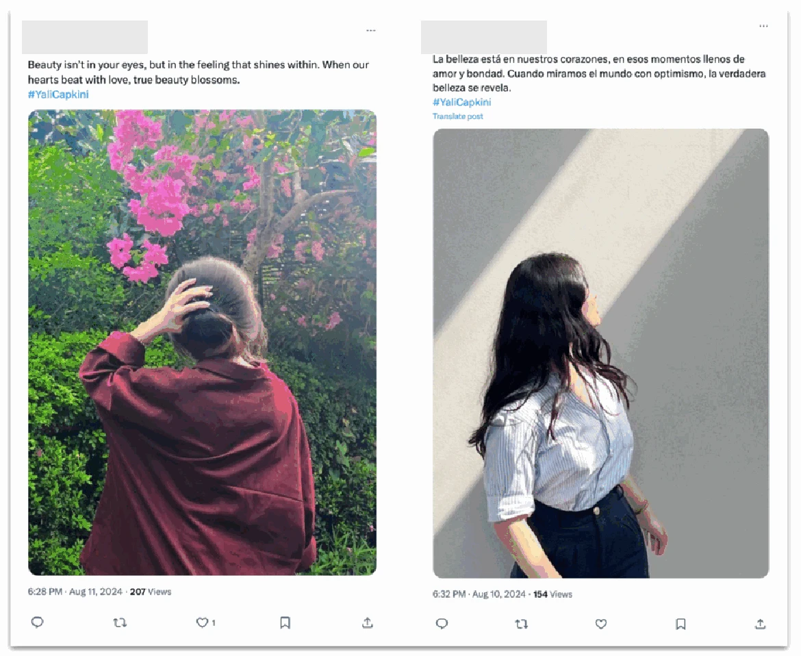 Posts about beauty generated by the operation in English and Spanish, posted by two different accounts on X. We ran these images through our DALL·E 3 classifier, which identified them as not being generated by our services. These posts garnered low to no engagement.