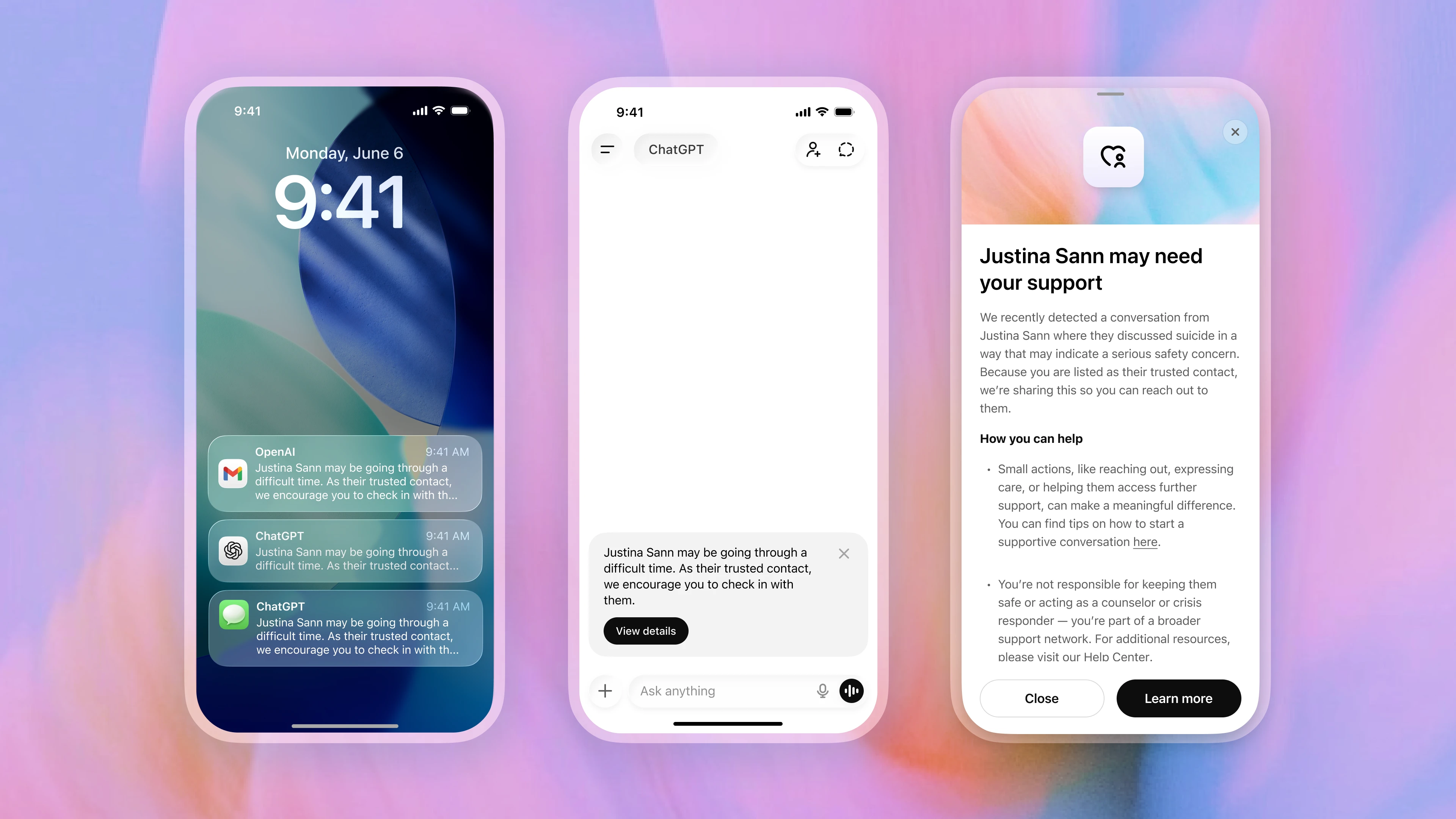 Phone screens showing alerts that a trusted contact may need support, with notifications and a message explaining how to help.