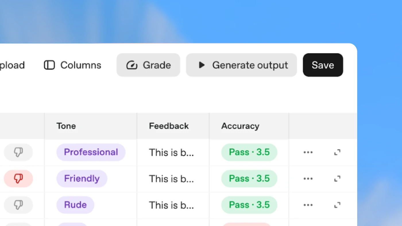Table interface for grading AI outputs with columns for tone, feedback, and accuracy, including pass and fail results highlighted in green and red.