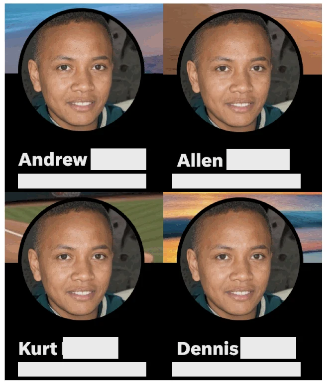 Profile pictures of X accounts that posted comments generated by this network. The picture bears visual indicators consistent with GAN generation.