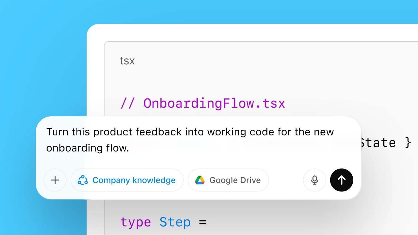 Chat interface on a blue background showing code for OnboardingFlow.tsx and a prompt requesting to “Turn this product feedback into working code for the new onboarding flow.”