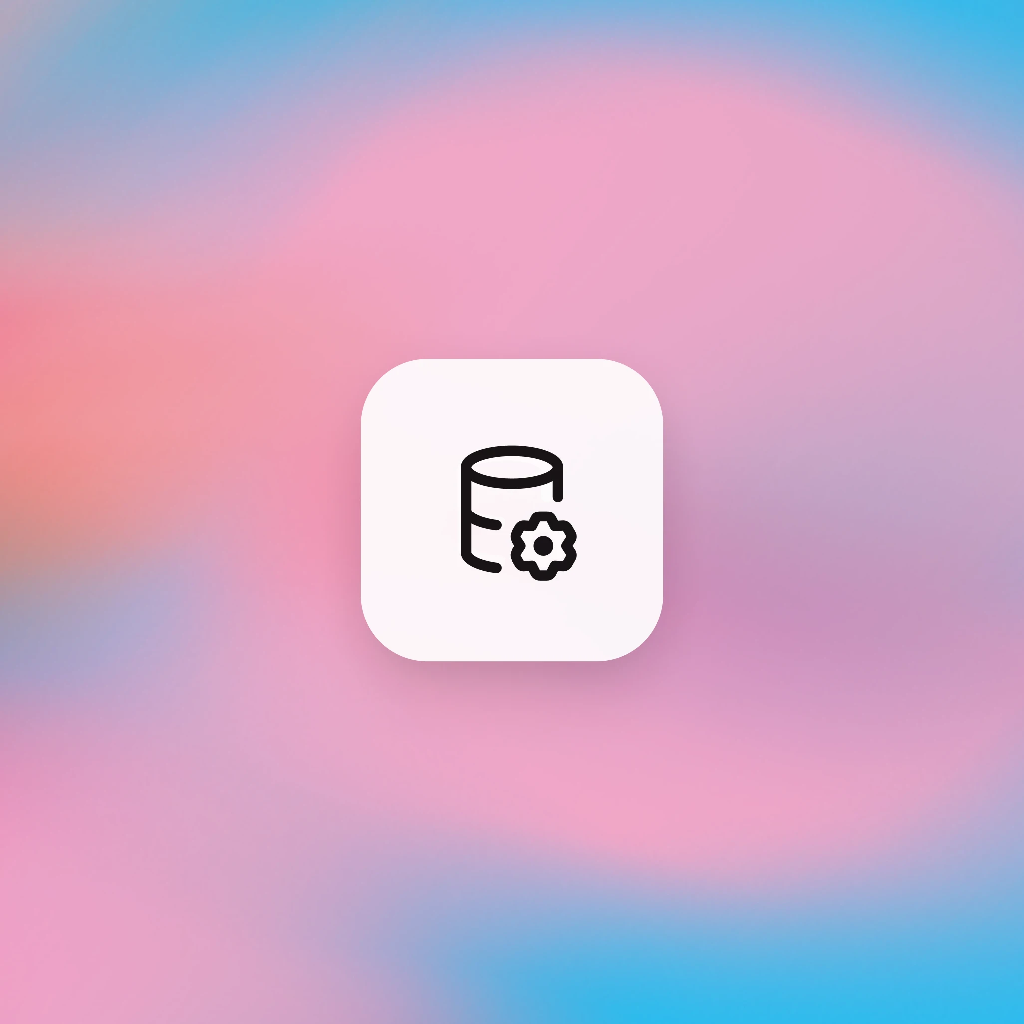 Blue icon of a database with a small gear, centered on a soft blue and pink gradient background.