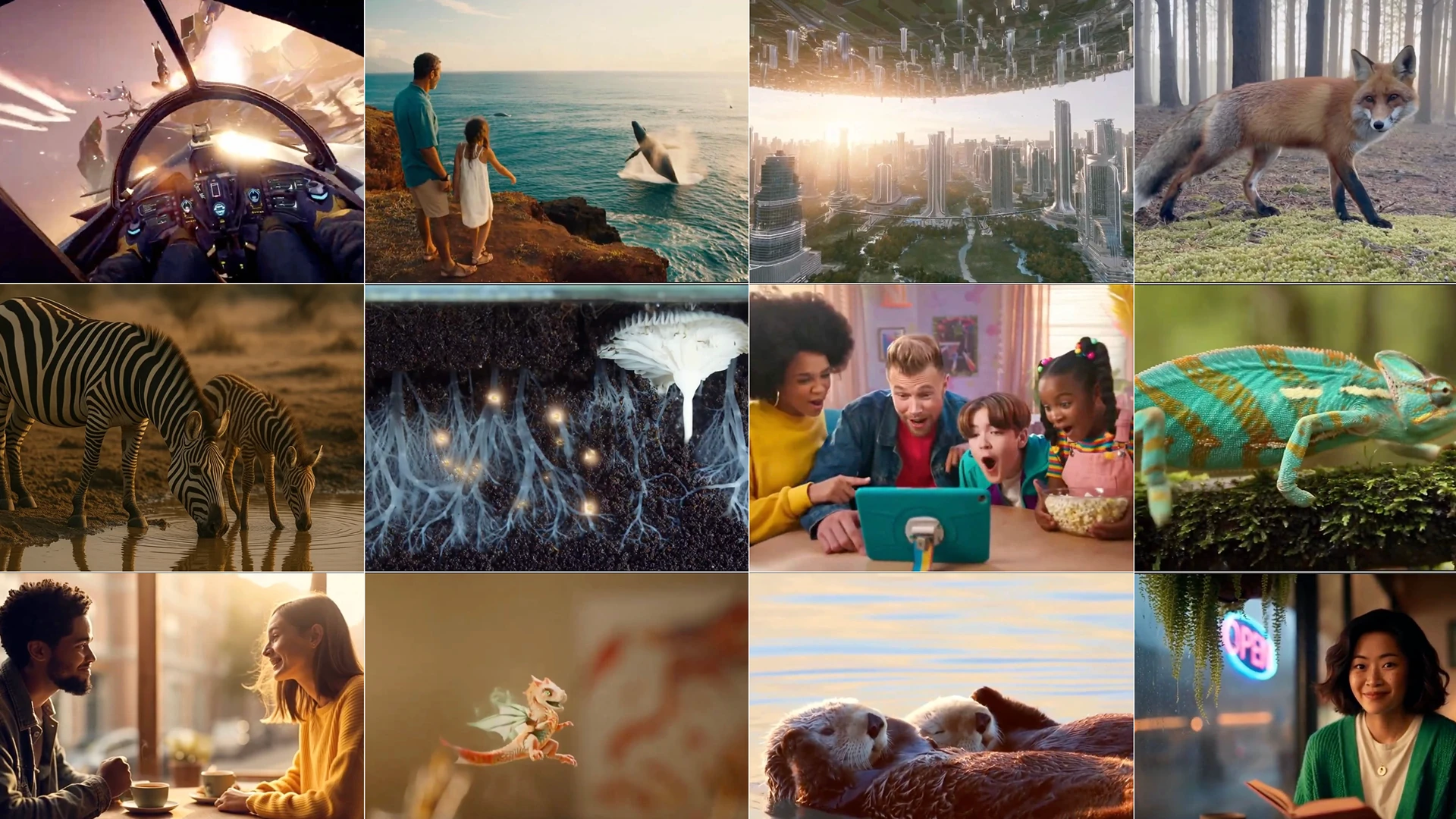 A collage of twelve images: a pilot in a cockpit, a father and daughter watching a whale, futuristic cities, a fox, zebras at a pond, glowing roots, a family watching a tablet, a chameleon, a couple at a café, a dragon, sea otters, and a woman reading.