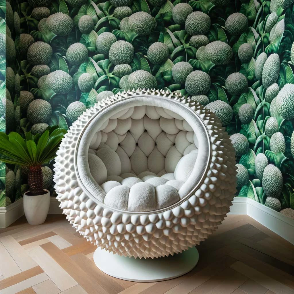 Photo of a lychee-inspired spherical chair, with a bumpy white exterior and plush interior, set against a tropical wallpaper.