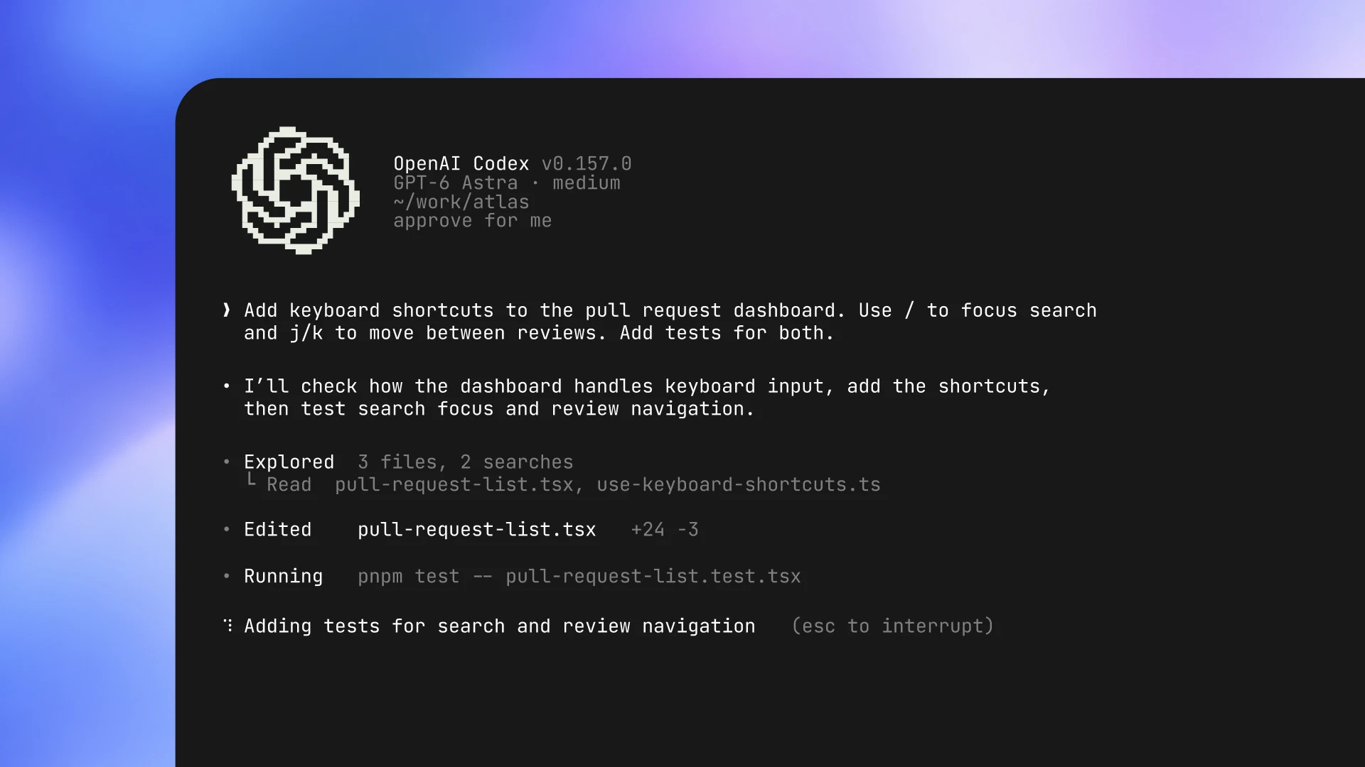 Codex CLI terminal interface.