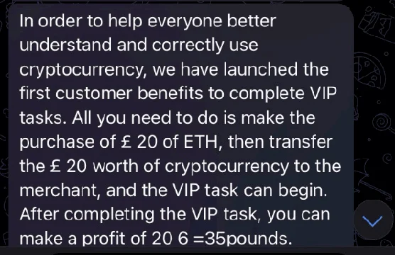 Telegram message instructing a potential victim to purchase cryptocurrency.