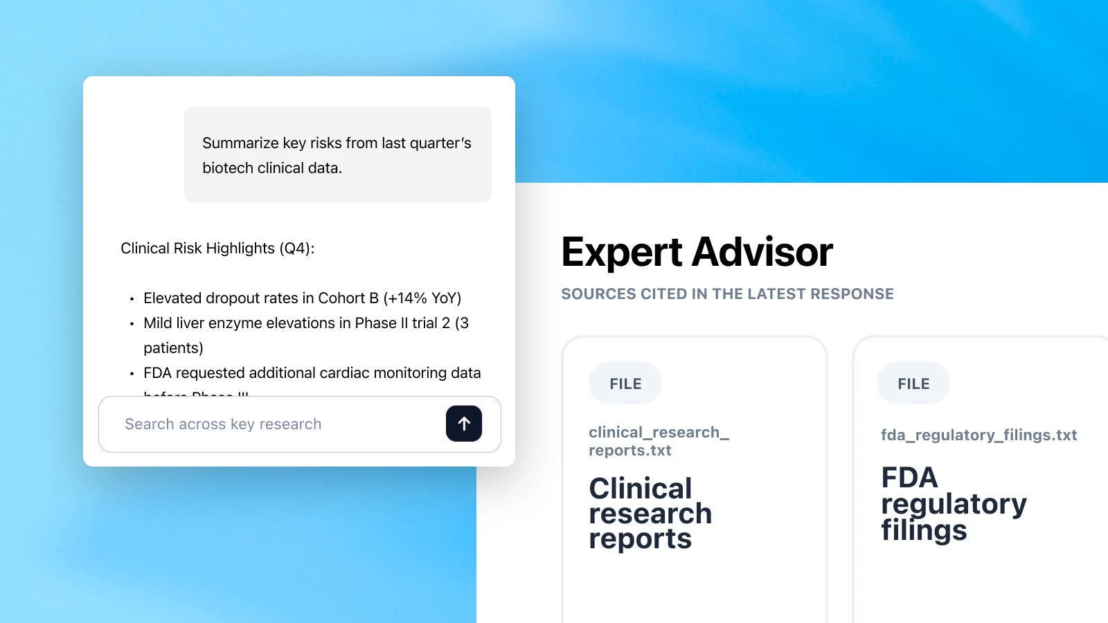 A chatbot interface summarizes biotech clinical risk highlights for Q4, such as elevated dropout rates and mild liver enzyme elevations. On the right, a panel titled “Expert Advisor” cites “Clinical research reports” and “FDA regulatory filings.” The background is blue.