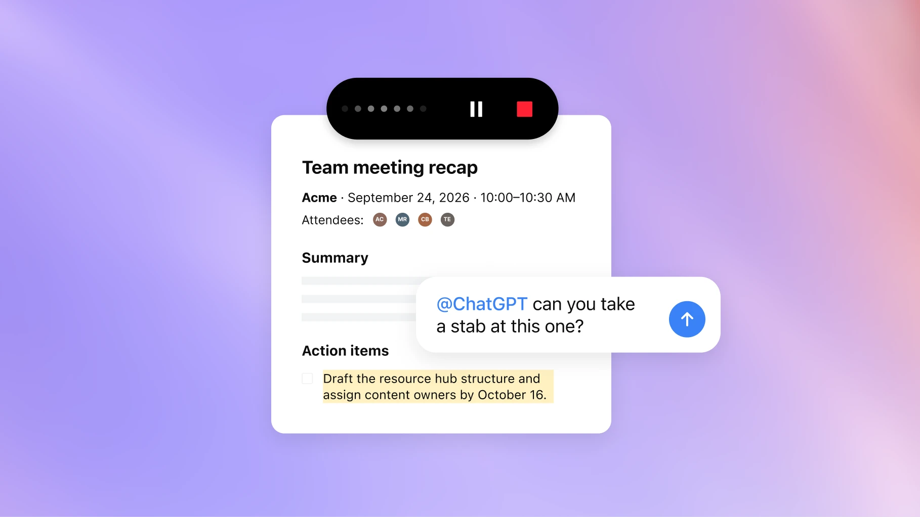 Meeting recap with an @ChatGPT action request.