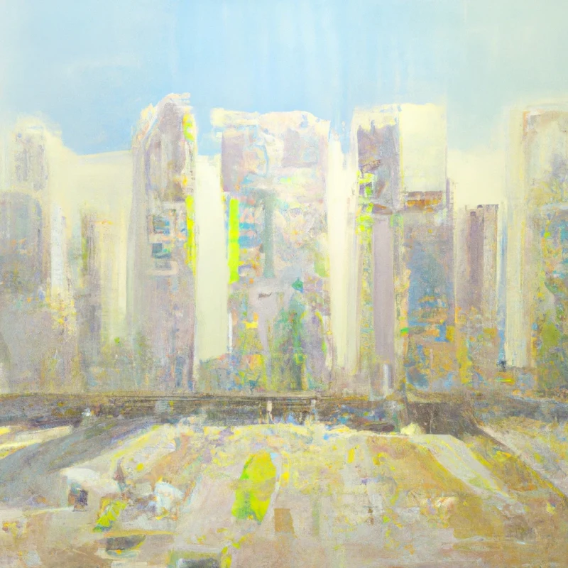An impressionistic cityscape with sunlight bathing high-rise buildings, painted in light brushstrokes of yellow, white, and hints of green.