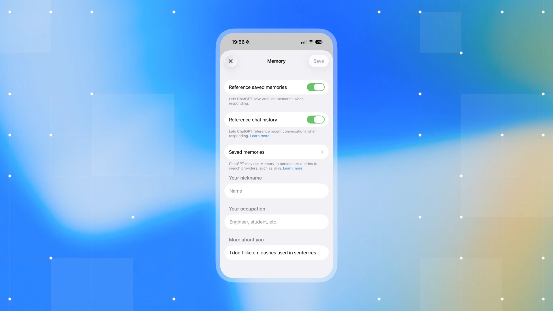 ChatGPT Memory settings over the blue Privacy Center visual identity.