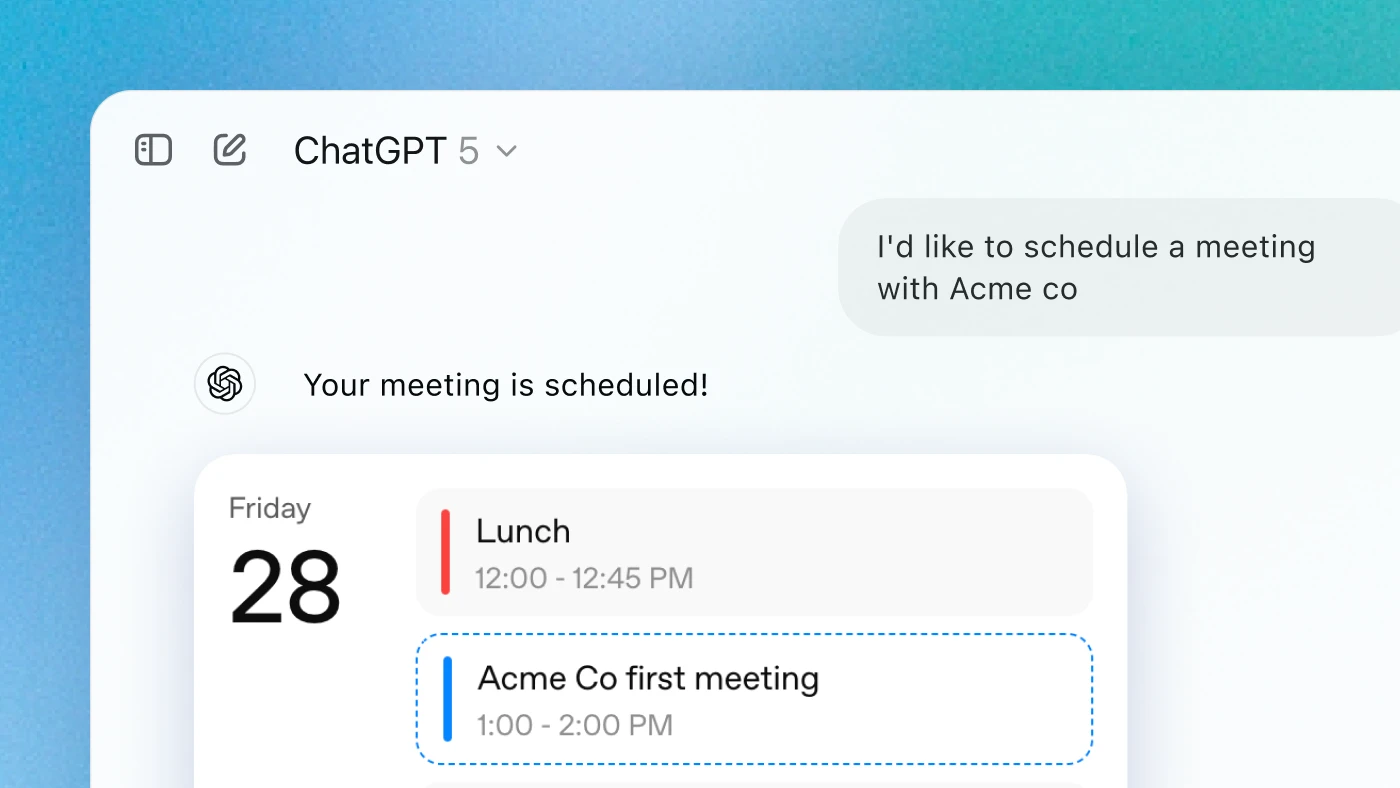 ChatGPT interface confirming a scheduled meeting with Acme Co, showing a daily calendar view with events for lunch, a meeting, and a team standup.