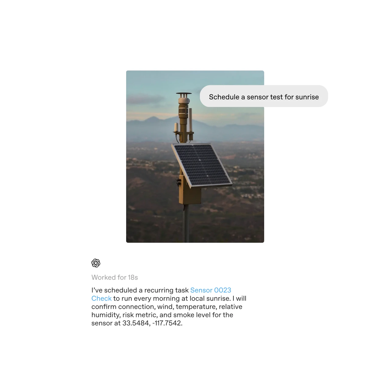 ChatGPT schedules a recurring sunrise sensor test for a wildfire sensor.