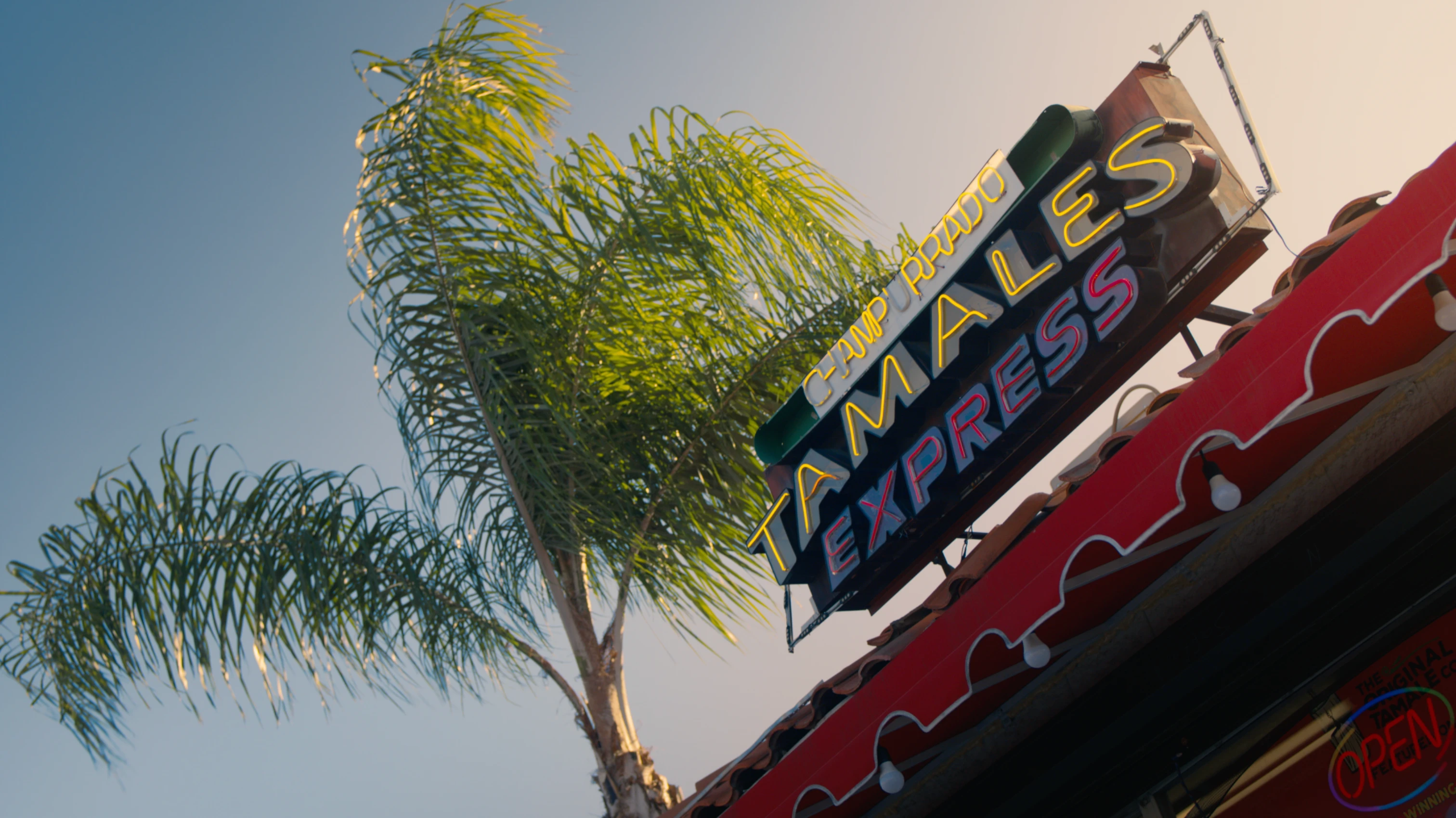 A neon ‘Tamales Express’ sign mounted above a red awning is framed by a tall palm tree against a clear sky.