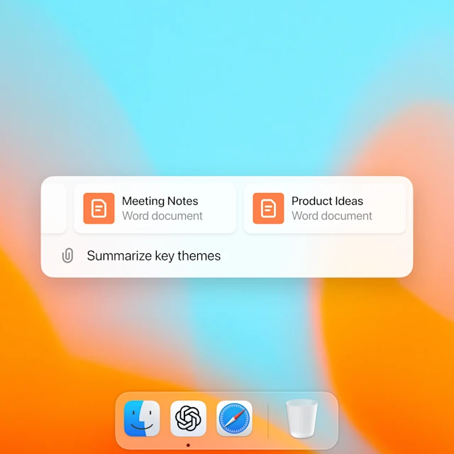 A screenshot of a desktop showing two Word documents, "Meeting Notes" and "Product Ideas," with the prompt "Summarize key themes" below. The app dock with icons is visible at the bottom.