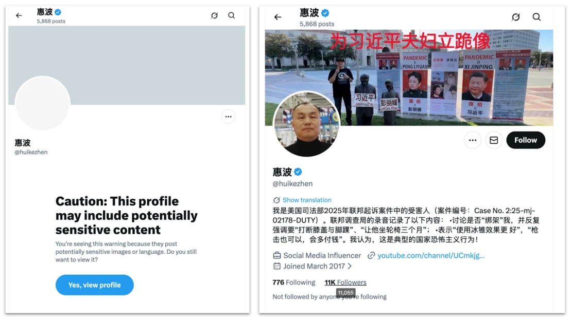 Two X profile screenshots for Hui Bo, one showing a sensitive-content warning and one showing the profile page.