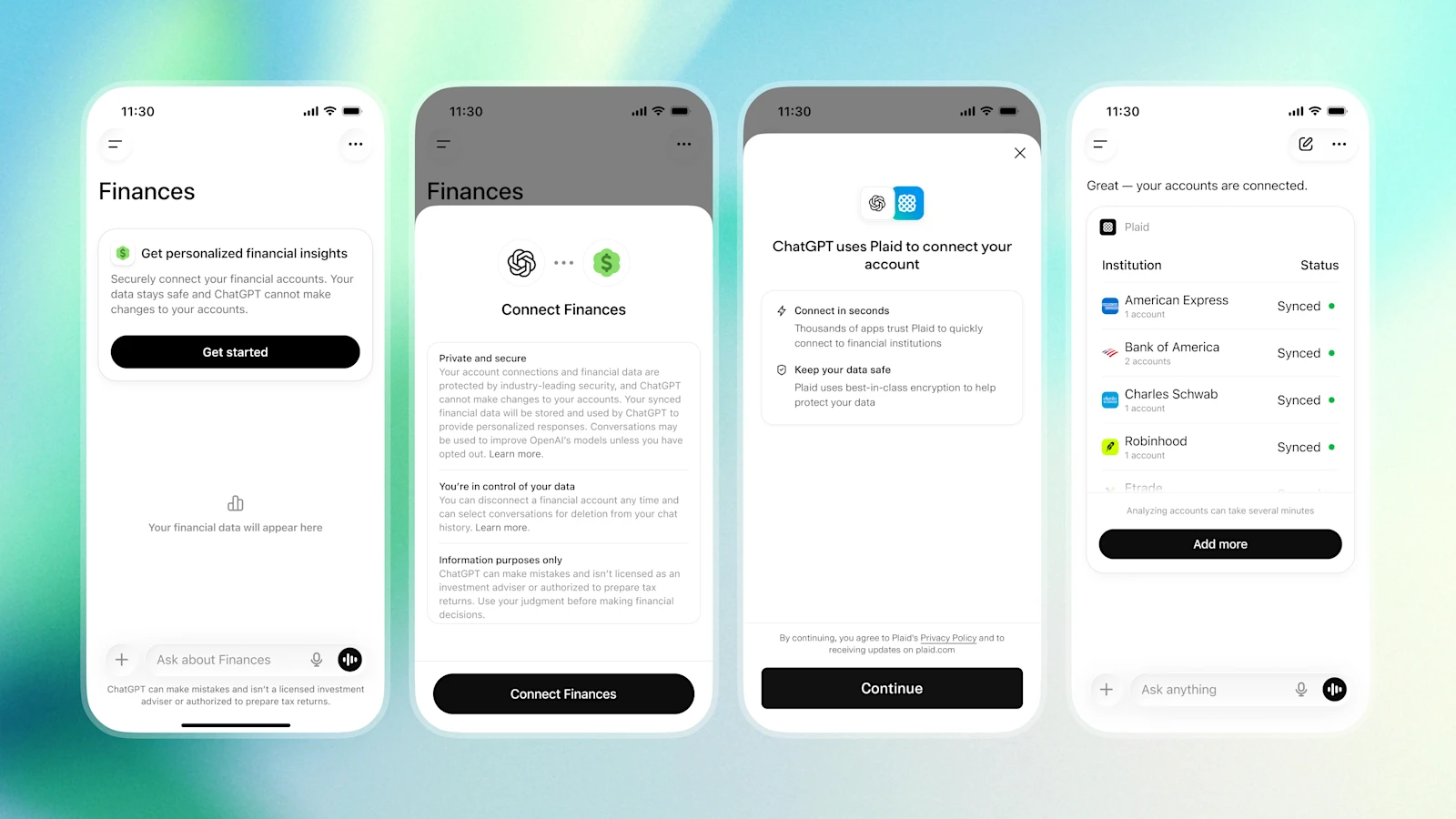 Mobile app screens showing the Finances feature in ChatGPT, now used to connect Experian credit reports