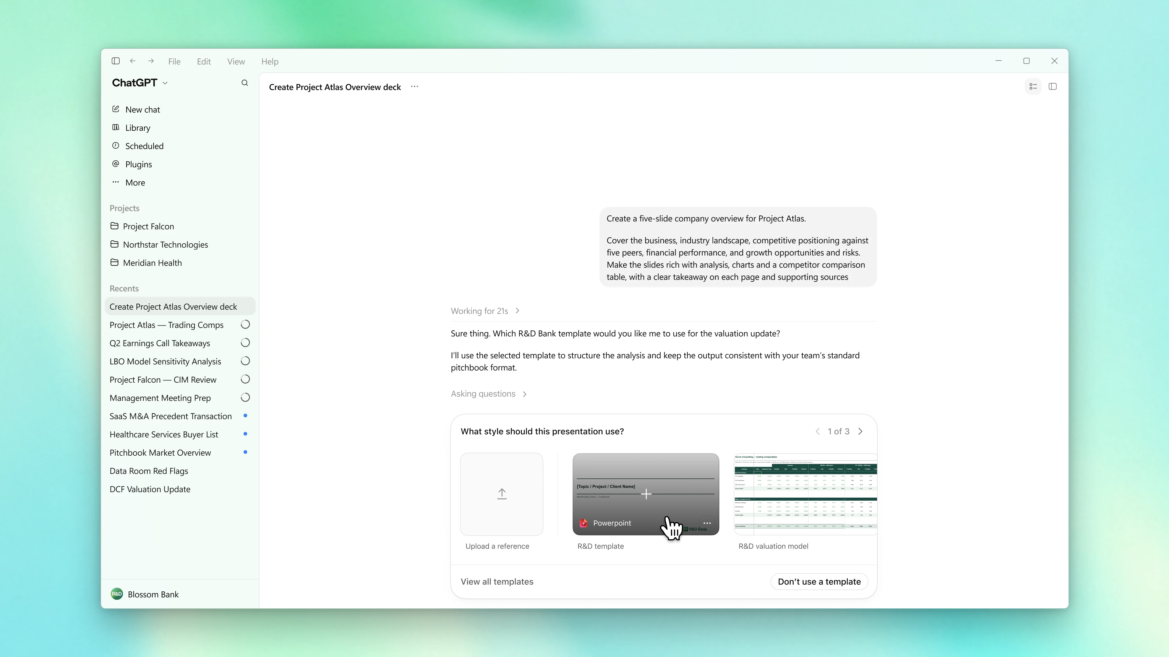 Product screen showing ChatGPT using a firm-approved template to create a company overview deck.