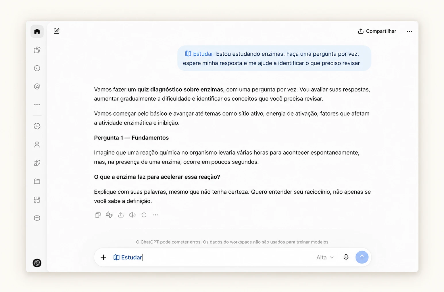 Modo Estudo do ChatGPT orientando um estudante em um quiz sobre enzimas em inglês, uma pergunta por vez.