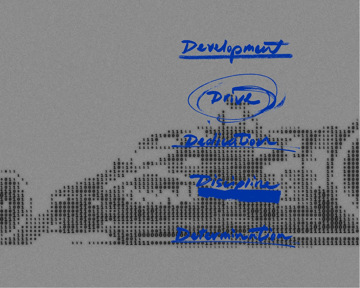 side view of an indycar rendered in ASCII 0s and 1s with blue text overlaid: development, drive, dedication, discipline, determination