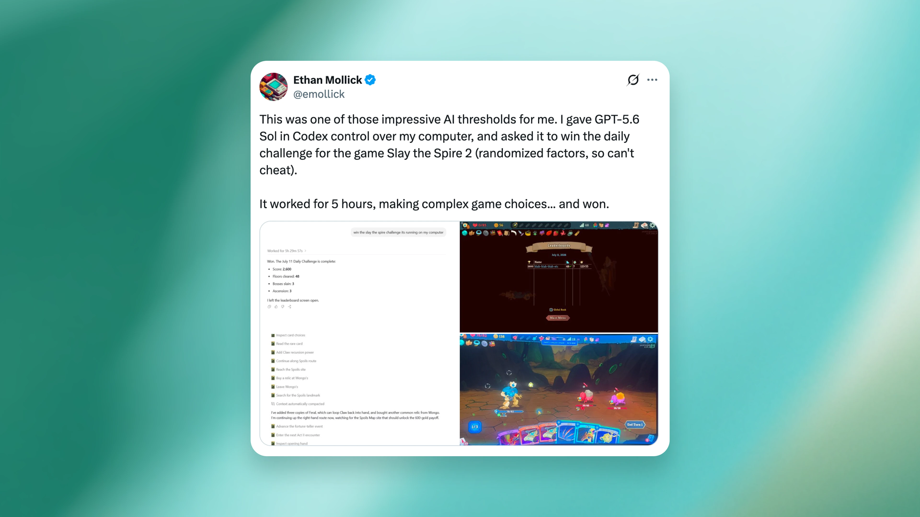GPT-5.6 Sol in Codex completing a randomized daily challenge in Slay the Spire 2.