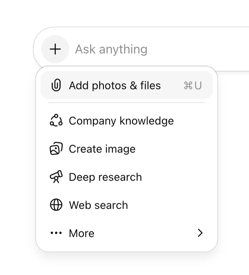 Captura de tela de um menu de entrada de bate-papo mostrando as opções: Adicionar fotos e arquivos, Conhecimento da empresa, Criar imagem, Pesquisa aprofundada, Pesquisa na Web e Mais.
