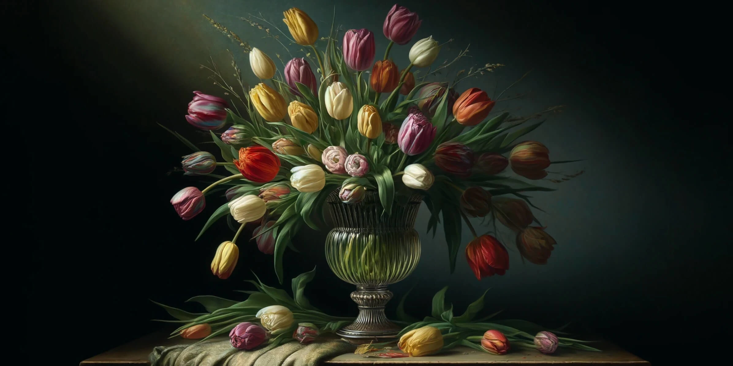 A Dutch still life featuring an arrangement of tulips in a fluted vase. The lighting in the scene is subtle, casting gentle highlights on the flowers and emphasizing their delicate textures and natural beauty.