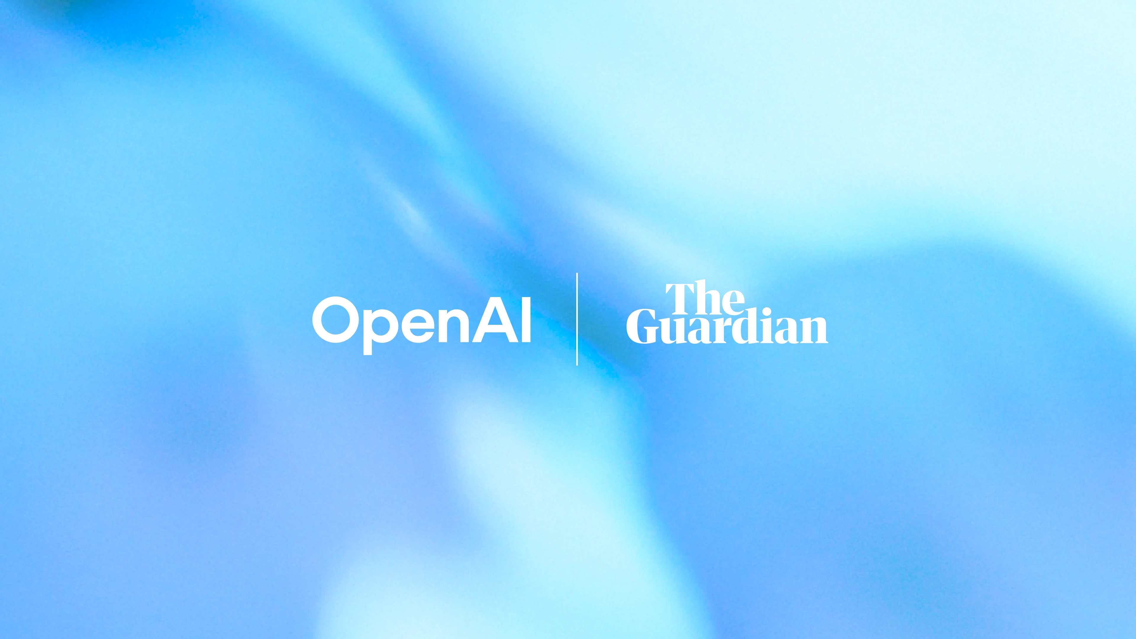 Blurred blue gradient background featuring ‘OpenAI’ and ‘The Guardian’ logos in white, separated by a vertical line in the center.